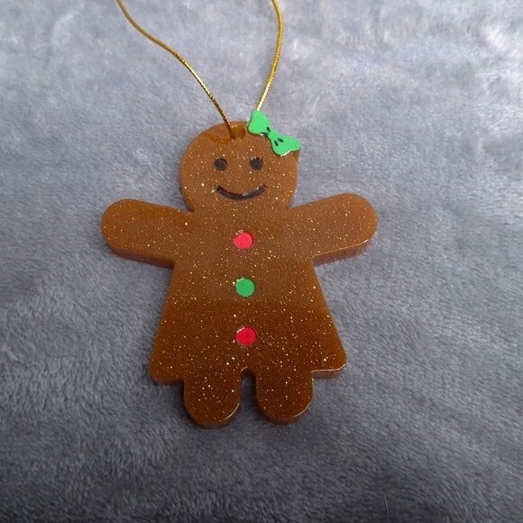 Handmade Resin Set Of 4 Glittery Gingerbread Men Women Christmas Ornaments - Picture 4 of 9